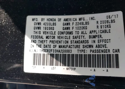 2017 Honda Accord Lx z USA, uszkodzony, nr VIN 1HGCR2F33HA259993